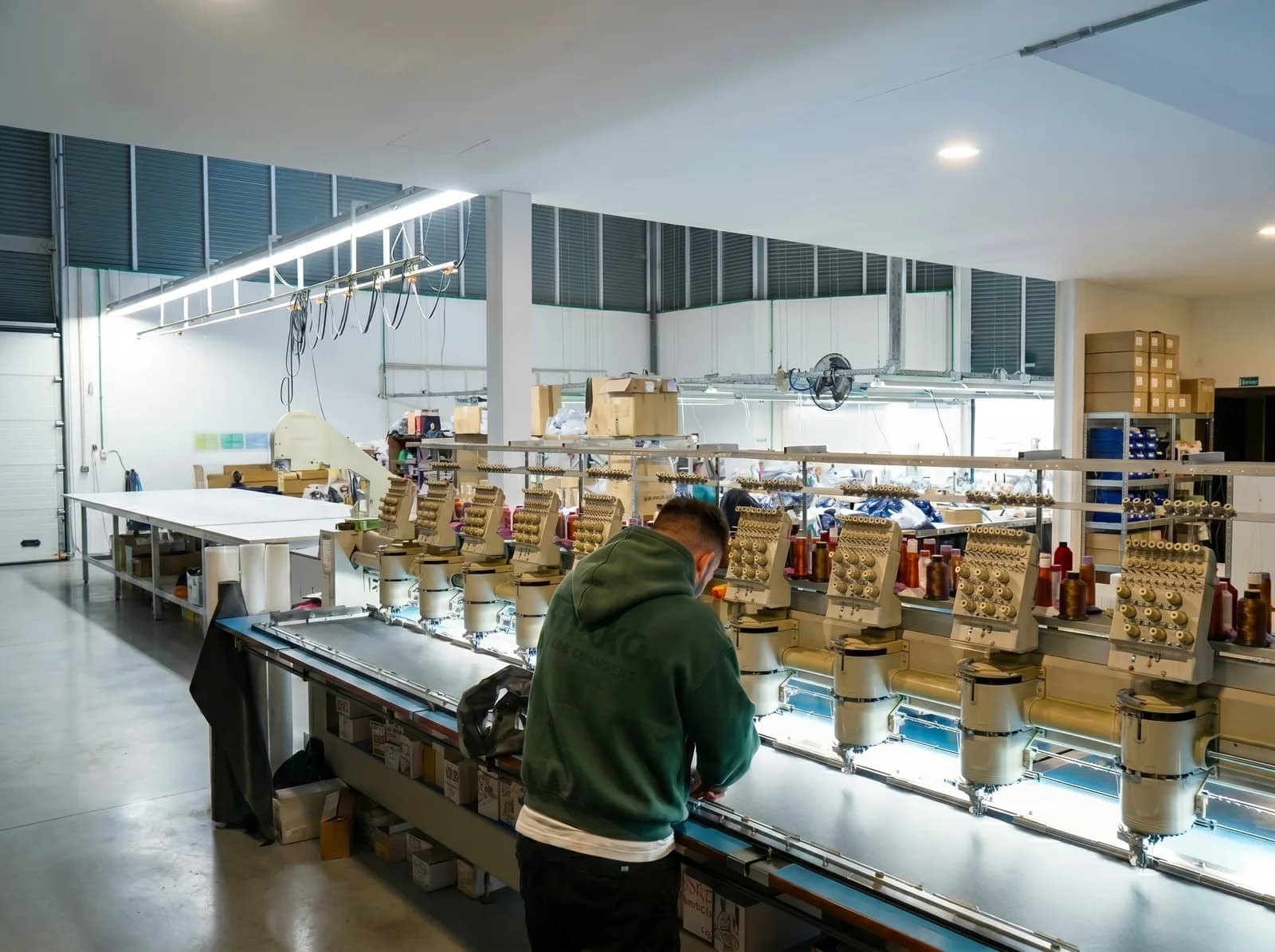 Embroidery machines in operation