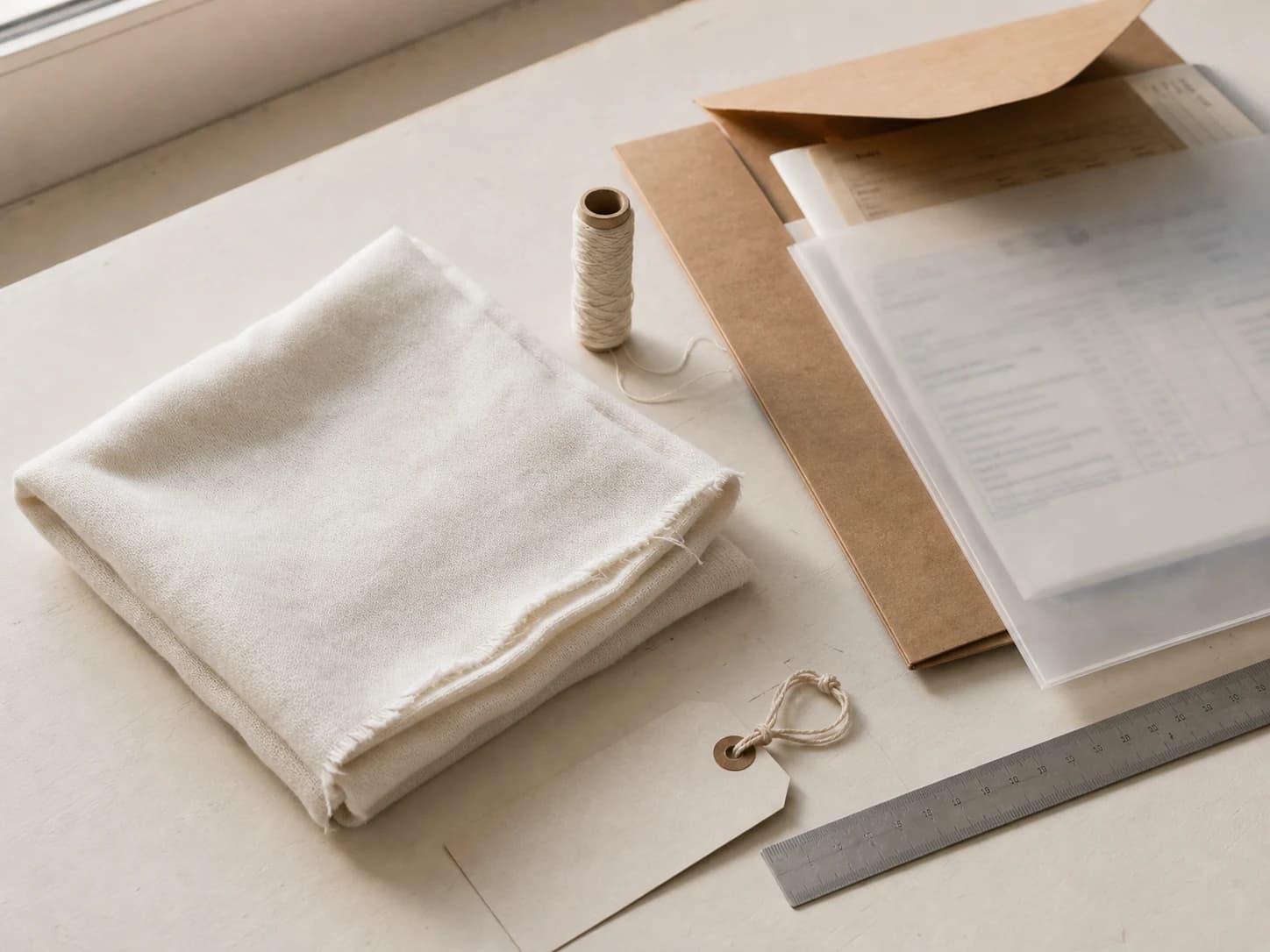 Cotton fabric, mill record and sourcing materials arranged on a textile worktable