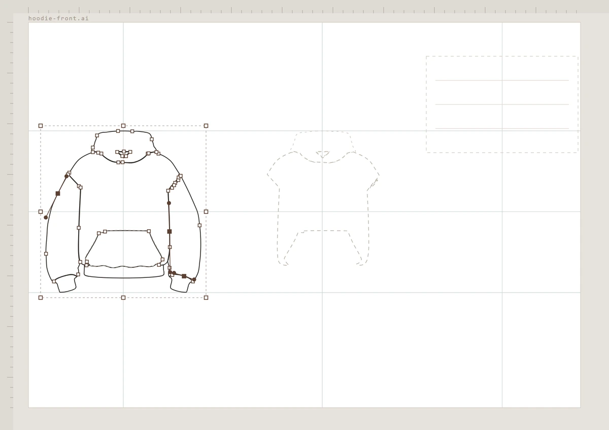 The same hoodie: a half-drawn vector artboard and the finished tech pack page — Illustrator · hours, if you know it