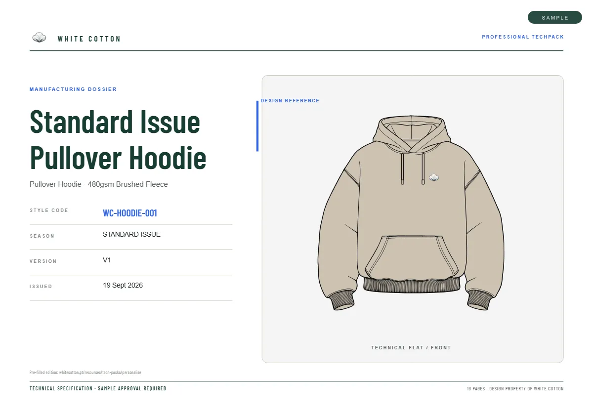 Page 1 of the hoodie tech pack — cover with style code, season, version and the front technical flat